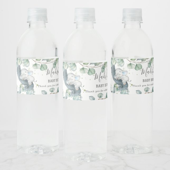Rustic Greenery Elephant Boy Baby Shower Favour  Water Bottle Label (Bottles)