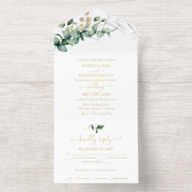 Rustic Greenery Eucalyptus Calligraphy Wedding All In One Invitation (Inside)