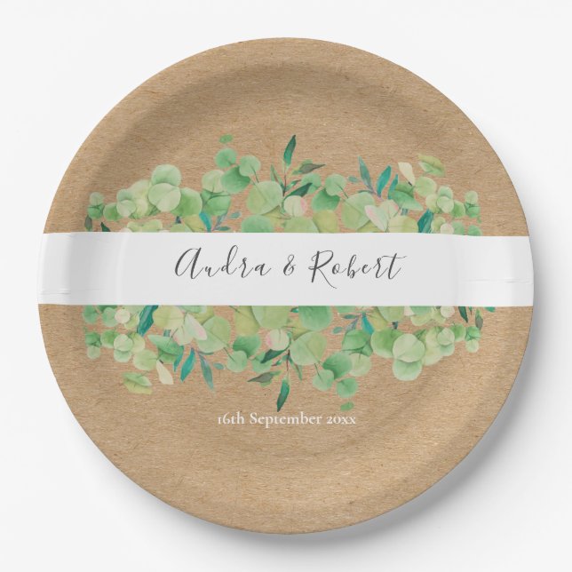 Rustic Greenery Eucalyptus Garland Wedding Paper Plate (Front)