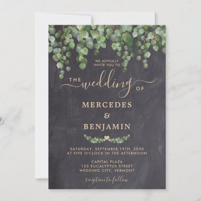Rustic Greenery Eucalyptus Gold Chalkboard Wedding Invitation (Front)