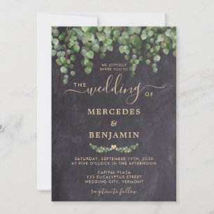 Rustic Greenery Eucalyptus Gold Chalkboard Wedding Invitation