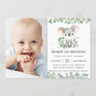 Rustic Greenery Eucalyptus Koala Birthday Photo Invitation