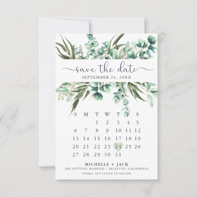Rustic Greenery Eucalyptus Modern Calendar Save The Date (Front)
