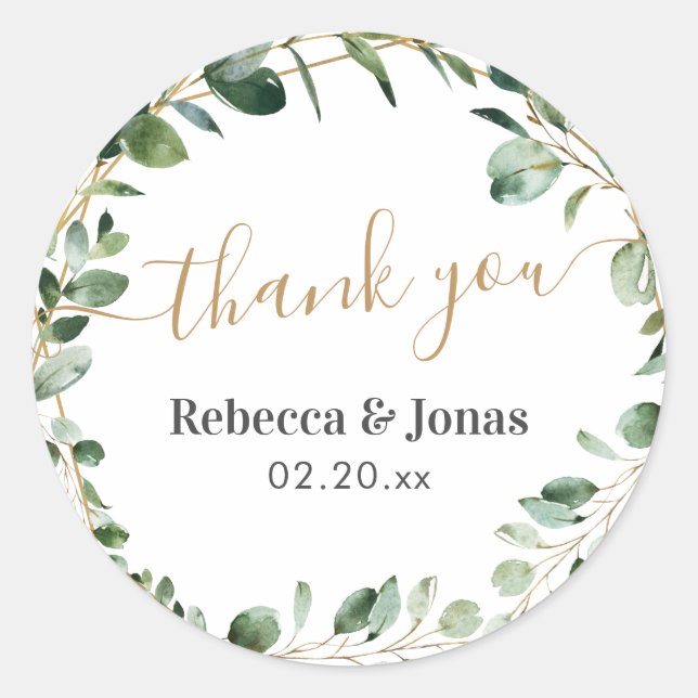 Rustic Greenery Eucalyptus Personalised Thank You Classic Round Sticker (Front)