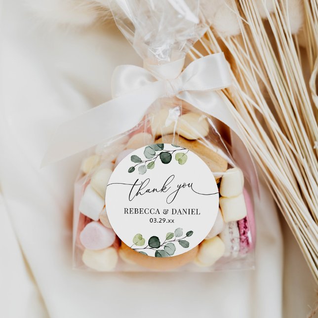Rustic Greenery Eucalyptus Personalized Thank You Classic Round Sticker (Creator Uploaded)