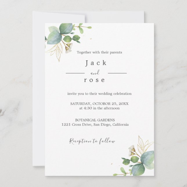   Rustic Greenery Eucalyptus Summer Wedding.  Invitation (Front)