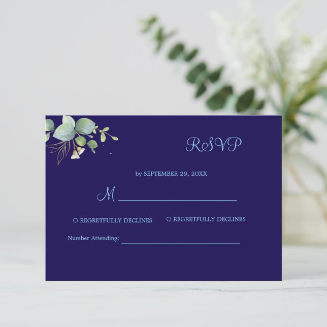   Rustic Greenery Eucalyptus Summer Wedding.  RSVP Card (Standing Front)