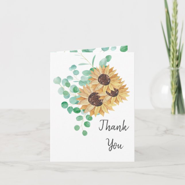 Rustic greenery eucalyptus sunflower Thank You Invitation (Front)
