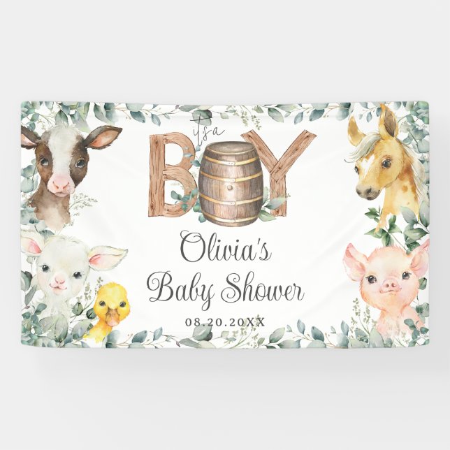 Rustic Greenery Farm Animals Baby Shower Backdrop Banner (Horizontal)