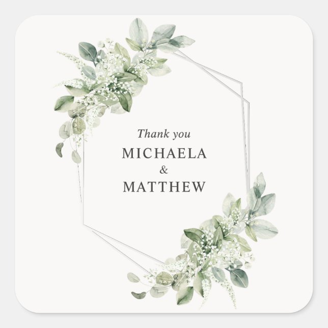 Rustic Greenery Faux Silver Foil Wedding Favour Square Sticker (Front)