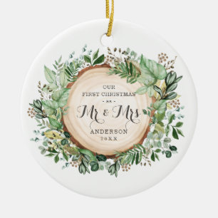 Rustic Greenery First Christmas as Mr and Mrs Ceramic Tree Decoration
