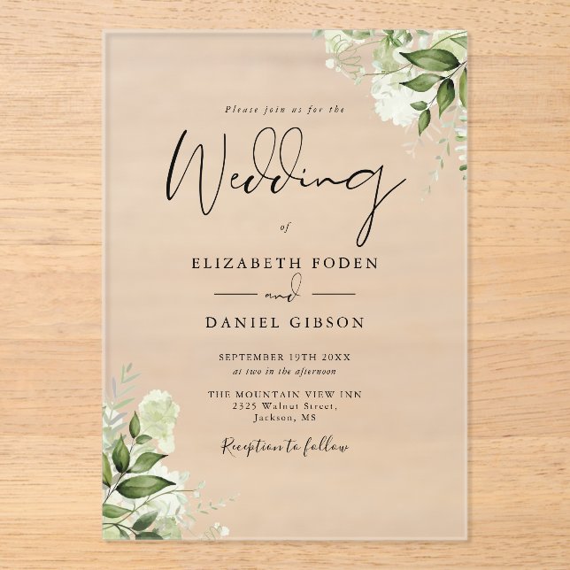 Rustic Greenery Floral Elegant Modern Wedding Acrylic Invitations (Front)