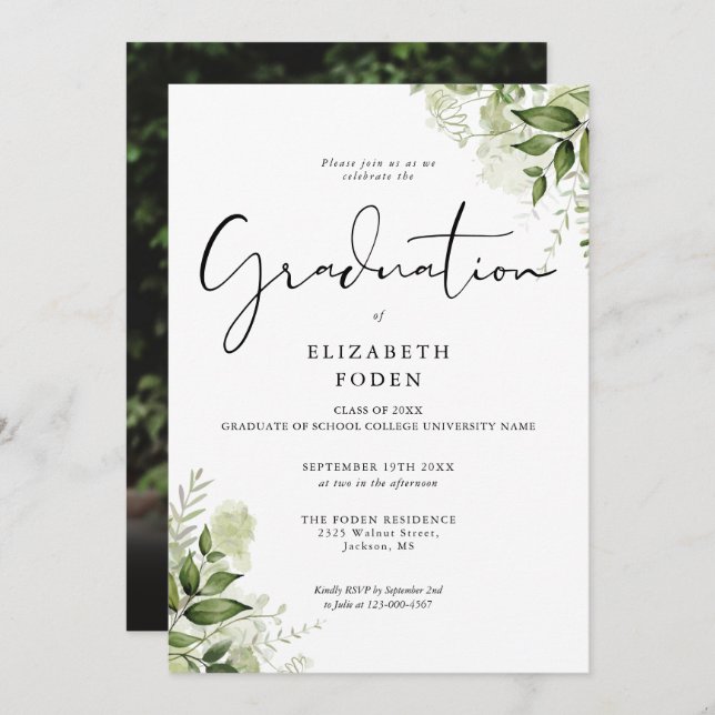 Rustic Greenery Floral Elegant Photo Graduation Invitation (Front/Back)