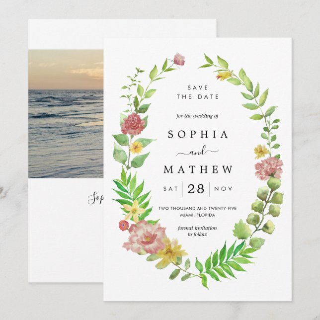 Rustic greenery floral frame photo save the date (Front/Back)