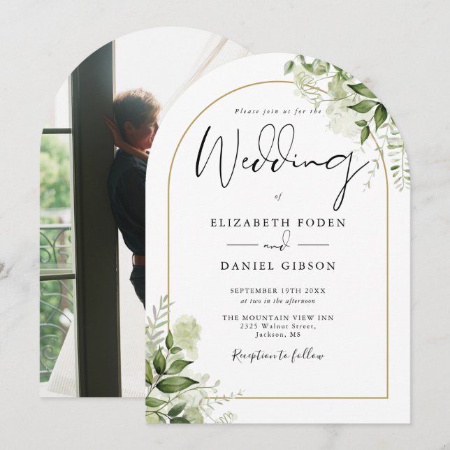 Rustic Greenery Floral Gold Arch Photo Wedding Invitation (Front/Back)