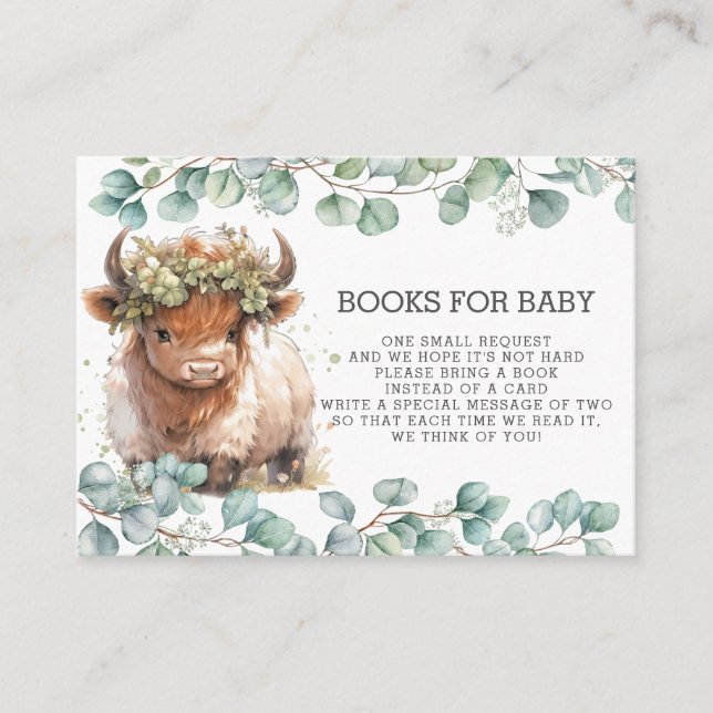 Rustic Greenery Fluffy Highland Cow Bring a Book  Enclosure Card (Front)