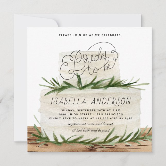 Rustic Greenery Foliage Boho Cake Bridal Shower Invitation (Front)