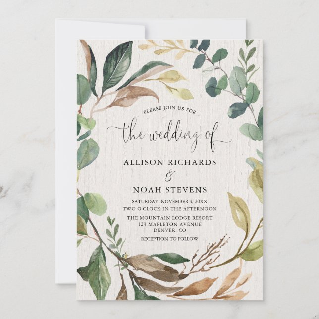 Rustic greenery foliage botanical wedding invitation (Front)