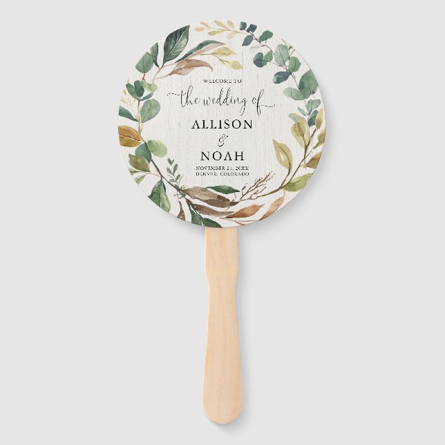 Rustic greenery foliage botanical wedding program hand fan (Front)