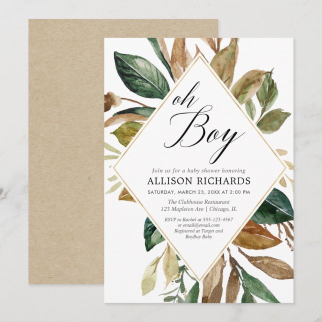 Rustic greenery foliage boy baby shower invitation (Front/Back)