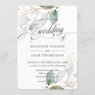 Rustic Greenery Foliage Gold Calligraphy Wedding Invitation