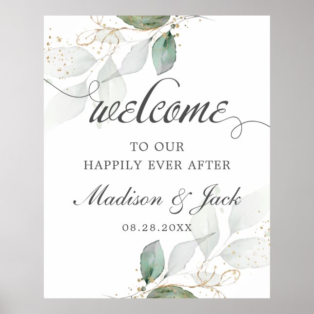 Rustic Greenery Foliage Gold Wedding Welcome Sign (Front)