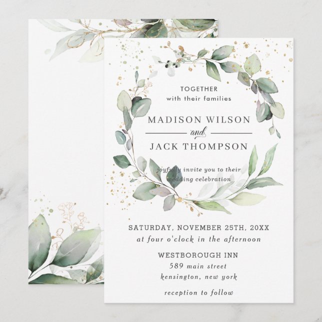 Rustic Greenery Foliage Leafy Wreath Gold Wedding Invitation (Front/Back)
