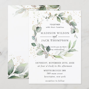 Rustic Greenery Foliage Leafy Wreath Gold Wedding Invitation