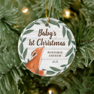 Rustic Greenery Fox Baby's First Christmas Photo Ceramic Tree Decoration