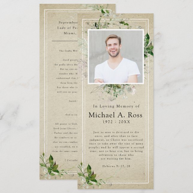 Rustic Greenery | Funeral Photo Memorial Prayer Invitation (Front/Back)