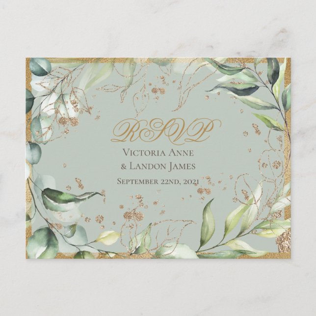 Rustic Greenery Gold Calligraphy RSVP Wedding Postcard (Front)
