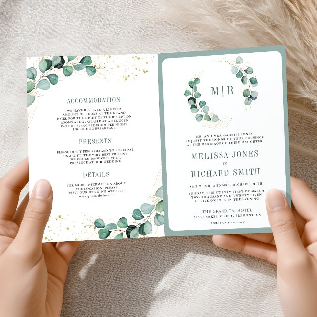 Rustic Greenery Gold Eucalyptus QR Code Wedding  Invitation (Creator Uploaded)