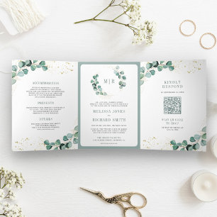 Rustic Greenery Gold Eucalyptus QR Code Wedding  Tri-Fold Invitation