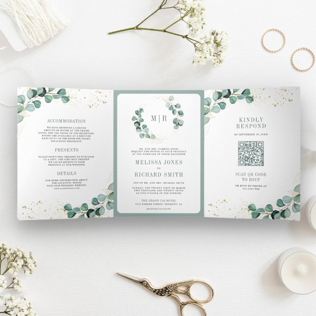 Rustic Greenery Gold Eucalyptus QR Code Wedding  Tri-Fold Invitation (Creator Uploaded)