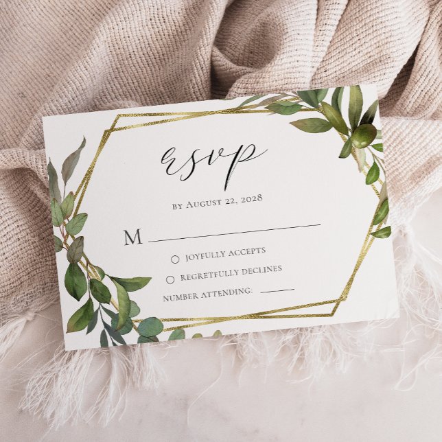 Rustic Greenery Gold Geometric Frame RSVP Card (Creator Uploaded)