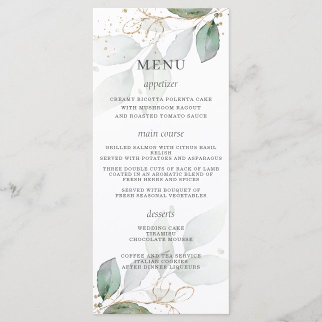 Rustic Greenery Gold Leaves Wedding Menu (Front)
