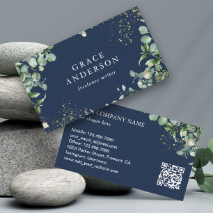 Rustic Greenery Gold Navy Blue Eucalyptus QR Code Business Card