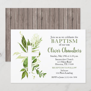 Rustic Greenery Green Cross Boy Baptism Invitation