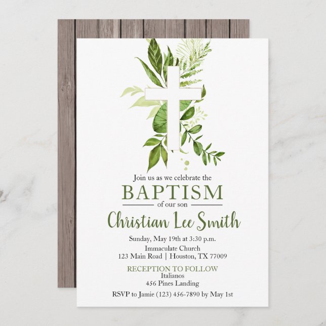 Rustic Greenery Green Cross Boy Baptism Invitation (Front/Back)