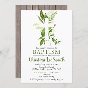 Rustic Greenery Green Cross Boy Baptism Invitation