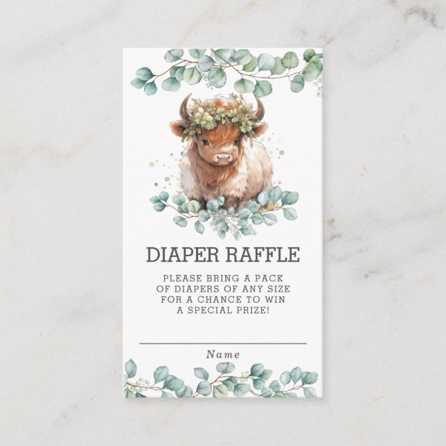 Rustic Greenery Highland Cow Baby Diaper Raffle Enclosure Card (Front)