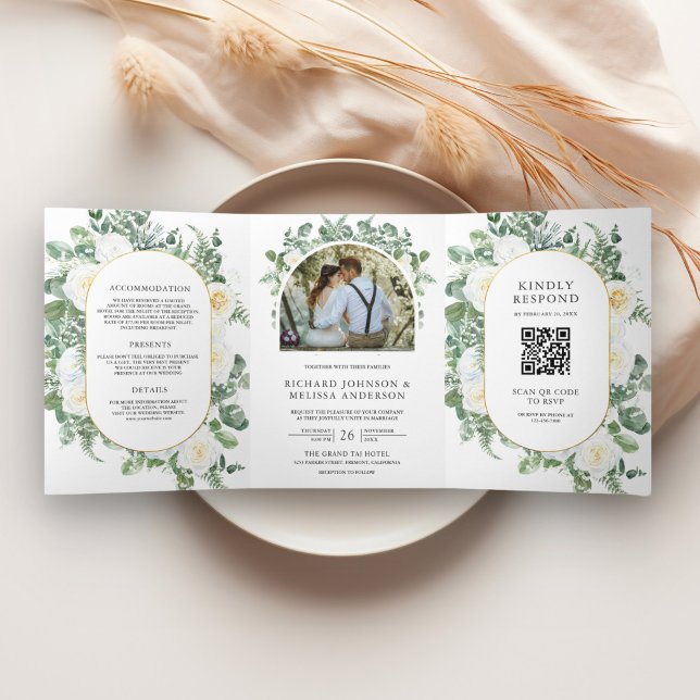 Rustic Greenery Ivory Floral Photo QR Code Wedding Tri-Fold Invitation (Creator Uploaded)