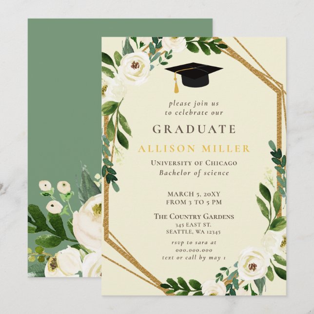 Rustic Greenery Ivory Gold Floral Graduation  Invitation (Front/Back)