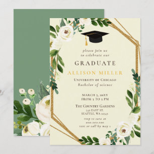 Rustic Greenery Ivory Gold Floral Graduation  Invitation