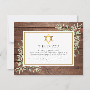 Rustic Greenery Jewish Gold Star Of David Funeral Thank You Card