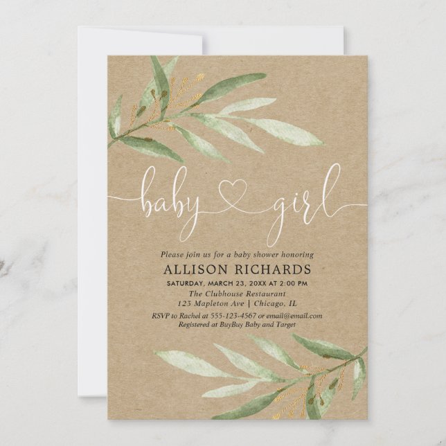 Rustic greenery kraft green leaf girl baby shower invitation (Front)