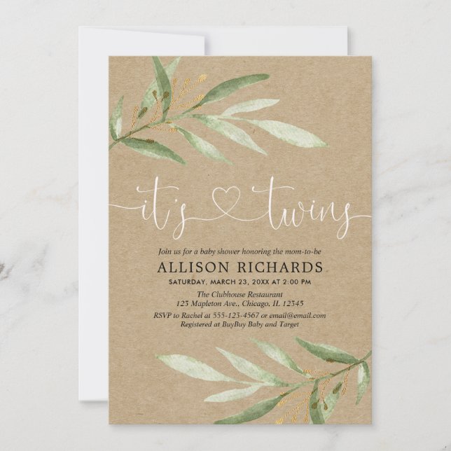 Rustic greenery kraft twins gender neutral invitation (Front)