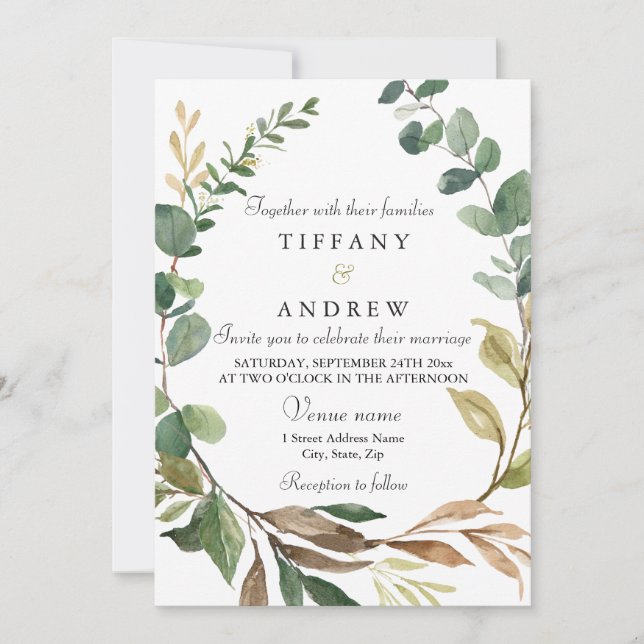 Rustic Greenery Leaf Wreath Modern Wedding Invitation (Front)