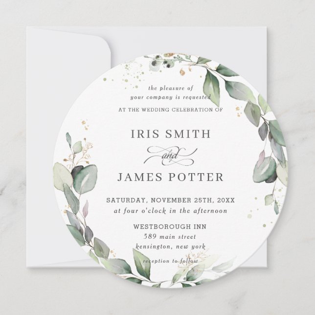 Rustic Greenery Leafy Foliage Wreath Gold Wedding Invitation (Front)