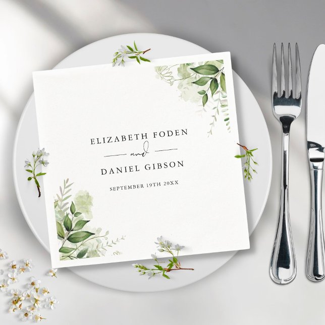 Rustic Greenery Leaves Elegant Names Date Napkin (Creator Uploaded)